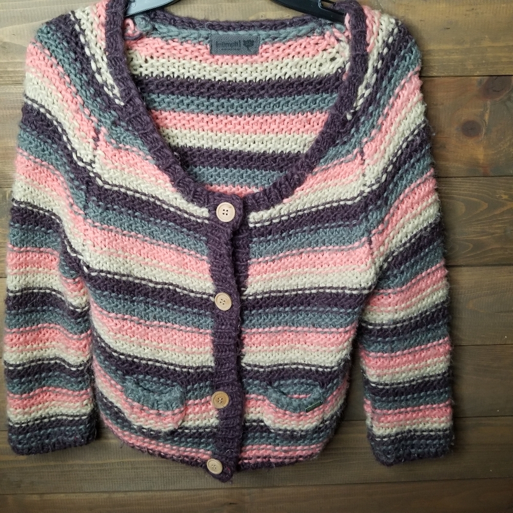 Numph Anthropologie Chunky Knit Cropped Striped Cardigan Sz M/L
